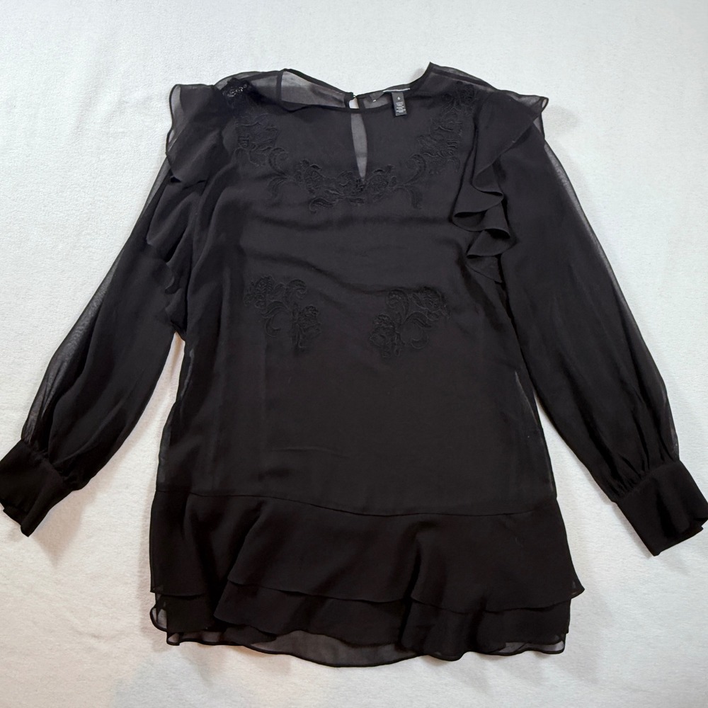 White House Black Market Blouse Women 6 Embroidered Ruffle Sheer Dark Whimsygoth